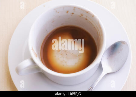 Empty cappuccino cup on table. Sunny morning. Close up. Stock Photo