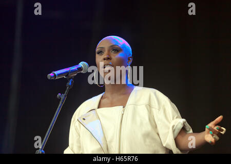 Laura Mvula performing with her band on the main stage at the On Blackheath Music Festival 2015 Stock Photo