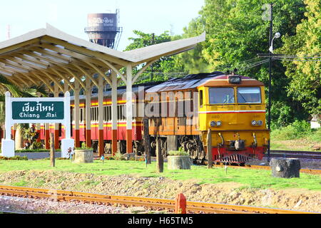 Alsthom locomotive and Train no.14 to Bangkok. Photo at chiangmai railway station, thailand. Stock Photo