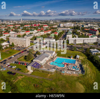 Aerial view of swimming pool in Reykjavik, Iceland. This image is shot using a drone Stock Photo