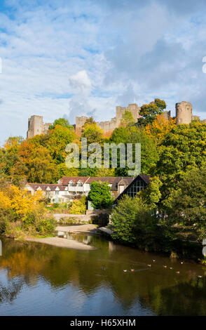 Ludlow Castle overlooking the River Teme in autumn, Ludlow, Shropshire, England, UK. Stock Photo