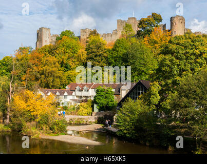 Ludlow Castle overlooking the River Teme in autumn, Ludlow, Shropshire, England, UK. Stock Photo