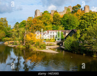 Ludlow Castle overlooking the River Teme in autumn, Ludlow, Shropshire, England, UK. Stock Photo