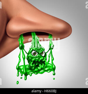 Funny mucus snot character concept as a runny nose with dangling green liquid shaped as a swing dripping out of a nostril as a medical illness symbol for sinus or nasal infection with 3D illustration elements.