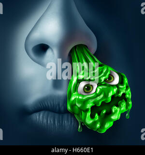 Mucus snot concept as a runny nose with green liquid shaped as a contagious monster dripping out of a nostril as a medical illness symbol for sinus or nasal infection with 3D illustration elements. Stock Photo