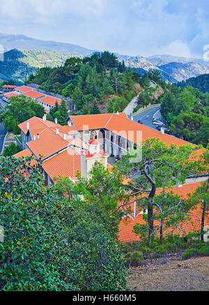 Discovering the Troodos mountains, tourists can enjoy the beauty of the medieval orthodox Kykkos Monastery, Cyprus. Stock Photo