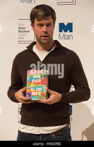 London, UK. 24 October 2016. Pictured: David Szalay. Photocall with the six shortlisted authors of the Man Booker Prize 2016. Shortlist: Paul Beatty (US) for The Sellout (Oneworld), Deborah Levy (UK) for Hot Milk (Hamish Hamilton), Graeme Macrae Burnet (UK) for His Bloody Project (Contraband), Ottessa Moshfegh (US) for Eileen (Jonathan Cape), David Szalay (Canada-UK) for All That Man Is (Jonathan Cape) and Madeleine Thien (Canada) for Do Not Say We Have Nothing (Granta Books). The winner will be announced at a ceremony at the Guildhall tomorrow, 25 October 2016.