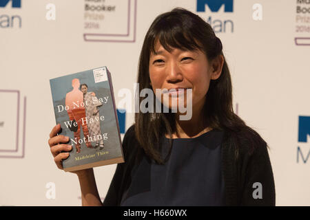 London, UK. 24 October 2016. Pictured: Madeleine Thien. Photocall with the six shortlisted authors of the Man Booker Prize 2016. Shortlist: Paul Beatty (US) for The Sellout (Oneworld), Deborah Levy (UK) for Hot Milk (Hamish Hamilton), Graeme Macrae Burnet (UK) for His Bloody Project (Contraband), Ottessa Moshfegh (US) for Eileen (Jonathan Cape), David Szalay (Canada-UK) for All That Man Is (Jonathan Cape) and Madeleine Thien (Canada) for Do Not Say We Have Nothing (Granta Books). The winner will be announced at a ceremony at the Guildhall tomorrow, 25 October 2016.