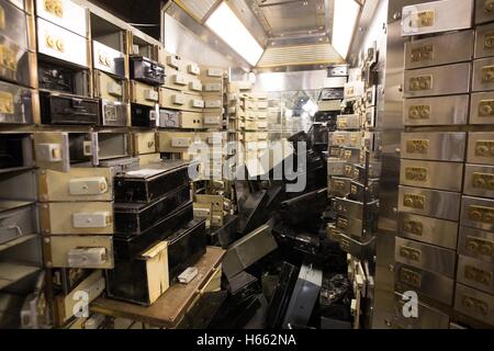 EDITORIAL USE ONLY Safety deposit boxes at the Hatton Garden Safe Deposit, in Hatton Garden, London, which was at the centre of a high profile heist in 2015 by a gang of career criminals who stole &pound;14 million worth of jewels. Stock Photo