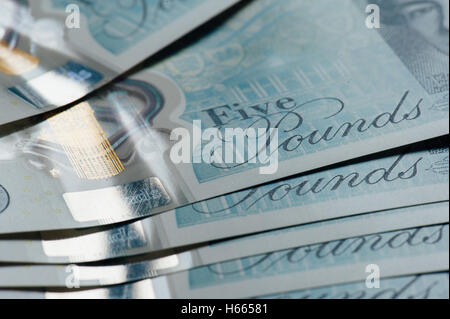 New five pound notes, close up Stock Photo