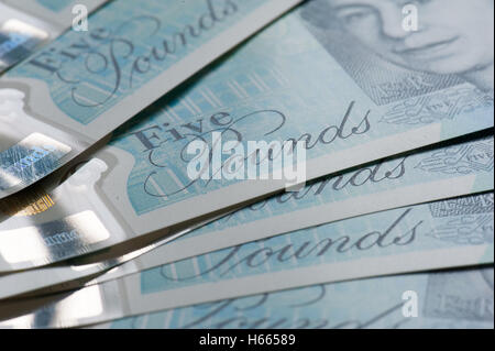 New five pound notes, close up, Stock Photo