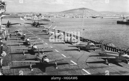 Royal Navy Fleet Air Arm Supermarine Attacker aircraft on the flight deck of aircraft carrier HMS Eagle. The Attacker was the first jet aircraft to see service with the Fleet Air Arm. Stock Photo