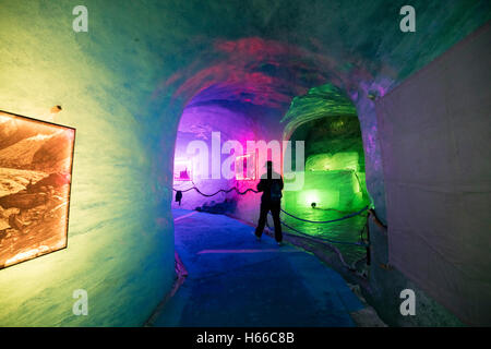 Illuminated ice cave inside Mer de Glace glacier, Montenvers. Chamonix Valley, French Alps, France. Stock Photo