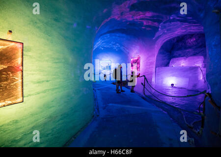 Illuminated ice cave inside Mer de Glace glacier, Montenvers. Chamonix Valley, French Alps, France. Stock Photo