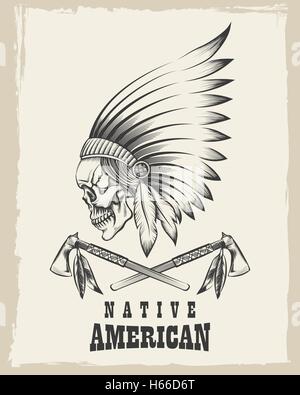 Indian skull in war bonnet and tomahawk. Vector illustration in engraving style. Stock Vector