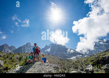 Hiking family on the Grand Balcon Nord, Chamonix Valley, French Alps, France. Stock Photo