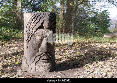 Wooden tree stump carved with the face of the green man, Meersbrook Park, Sheffield, UK Stock Photo