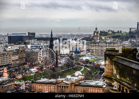 View from Edinburgh castle across Edinburgh city towards the forth river Stock Photo