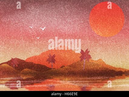 Oasis in a Hot Desert Landscape with Palm Trees and Reflection on Water - Vector Illustration Stock Vector