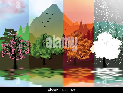 Four seasons landscape. Banners with trees, mountains and hills in ...