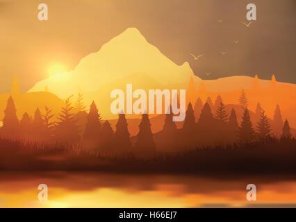 Golden Sunset Panorama of Mountain Ridges and Pine Forest with Lake Reflection - Vector Illustration Stock Vector