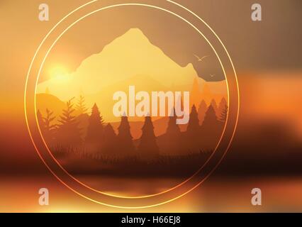 Golden Sunset Panorama of Mountain Ridges and Pine Forest with Lake Reflection - Vector Illustration Stock Vector