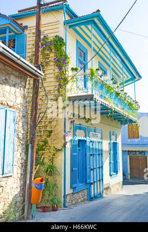 The colorful building of the popular tourist restaurant in Lefkara village, Cyprus. Stock Photo