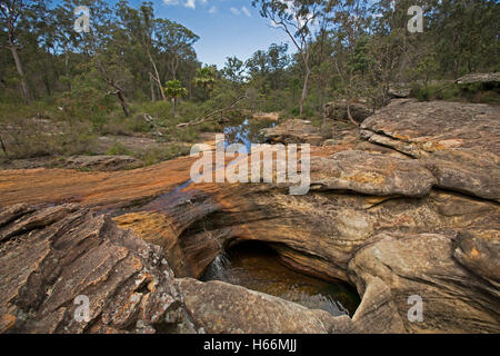 Landscape dominated by deep holes eroded in red sandstone rock, water trickling in from stream & bordered by forest & boulders Stock Photo