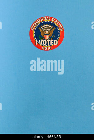 A colorful 'I VOTED' sticker is handed out to anyone voting in the 2016 United States Presidential Election. Stock Photo