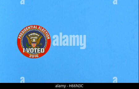A colorful "I VOTED" sticker is handed out to anyone voting in the 2016 United States Presidential Election. Stock Photo