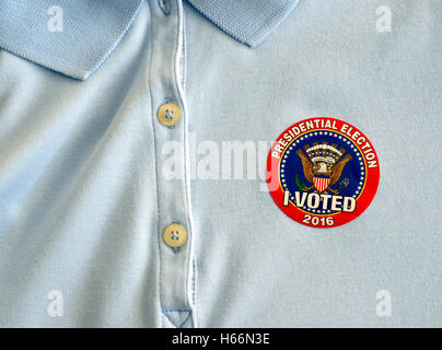 A colorful "I VOTED" sticker is handed out to anyone voting in the 2016 United States Presidential Election. Stock Photo