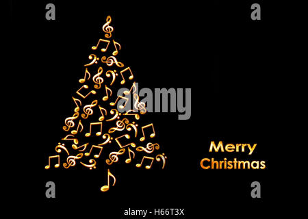 Christmas card with a Christmas tree made of shiny golden musical notes on black background Stock Photo