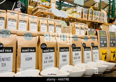 Bags of Suki Tea for sale at St. George's Market Stock Photo