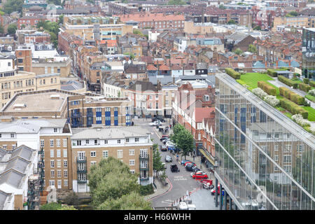 Aerial view of east London busy urban district with densely built up houses, shops, offices Stock Photo