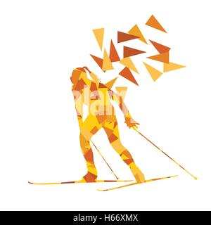 Female woman skiing vector background winter abstract sport illustration made with polygon fragments isolated on white Stock Vector