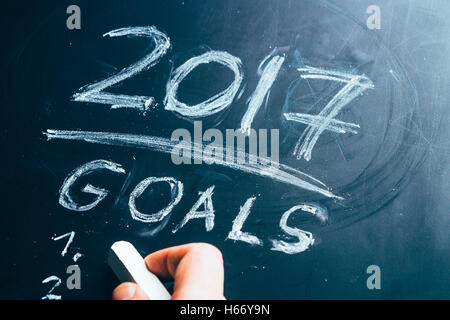 Plan a list of goals for 2017 hand written on a blackboard. Stock Photo