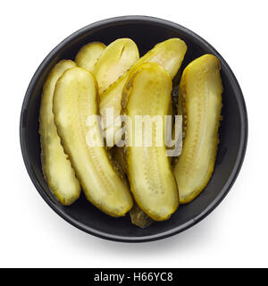 Bowl of sliced pickled cucumber isolated on white background, top view Stock Photo