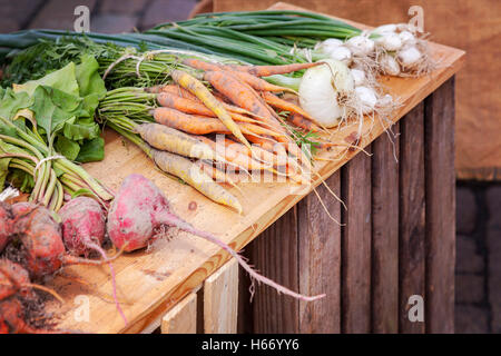 Fresh organic root vegetables on display at farmers market. Stock Photo