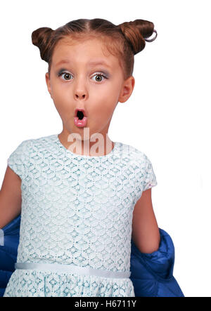 Surprising funny grimacing kid girl with open mouth isolated on white background Stock Photo