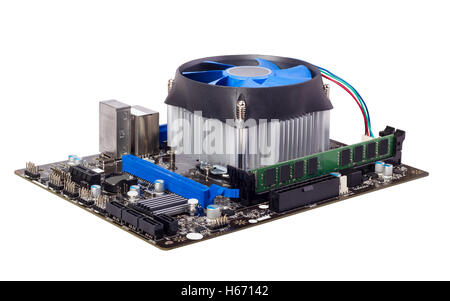 Computer motherboard isolated on white background with CPU cooler Stock Photo