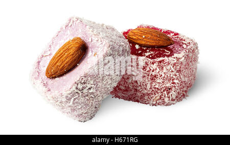 Two pieces of Turkish Delight with almonds isolated on white background Stock Photo