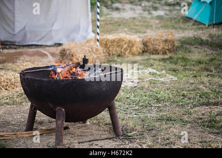 Small burning camp fire in a metal container. Stock Photo