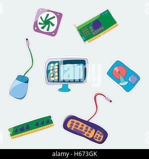 Vector cartoon patch badges set. Сomputer parts. Stock Vector