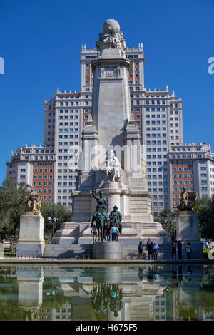 Monument to Miguel de Cervantes with Don Quixote statue in the Plaza de España. Madrid. Spain. Stock Photo