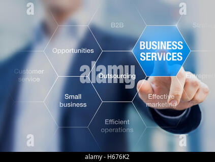 Concept about business services sector with business-to-business relations and outsourcing, businessman in background Stock Photo