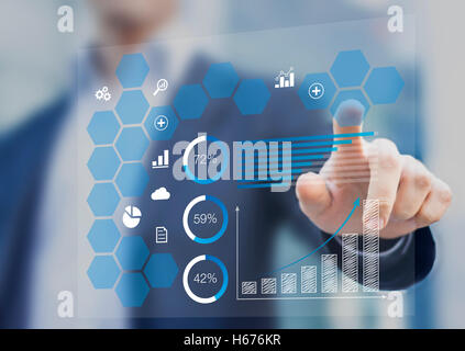 Businessman touching a dashboard with key performance indicator displayed with charts on a virtual screen Stock Photo