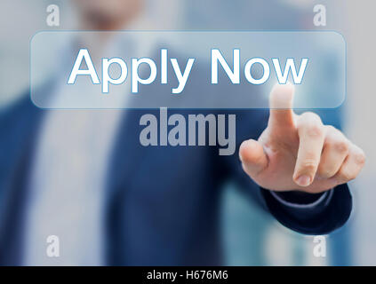 Button apply now, concept about job application with person in background Stock Photo