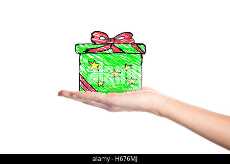 Gifts, drawing a gift in a woman's hand isolated on white Stock Photo