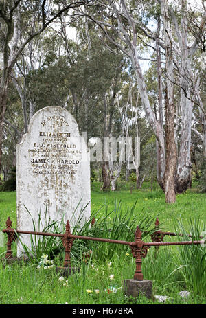 Two historic headstones in the cemetery at Tocumwal, NSW, Australia. Stock Photo