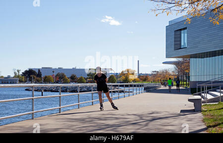 The Milwaukee Art Museum faces Lake Michigan and provides outdoor space for exercise. Stock Photo